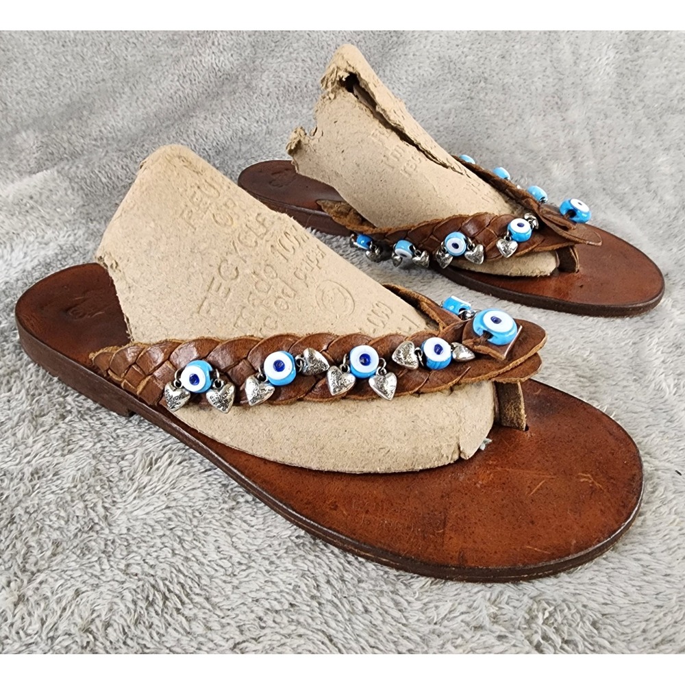 Sur Sandalet Sandals Womens Size 9 Brown Leather Evil Eye Heart Charm Handmade
